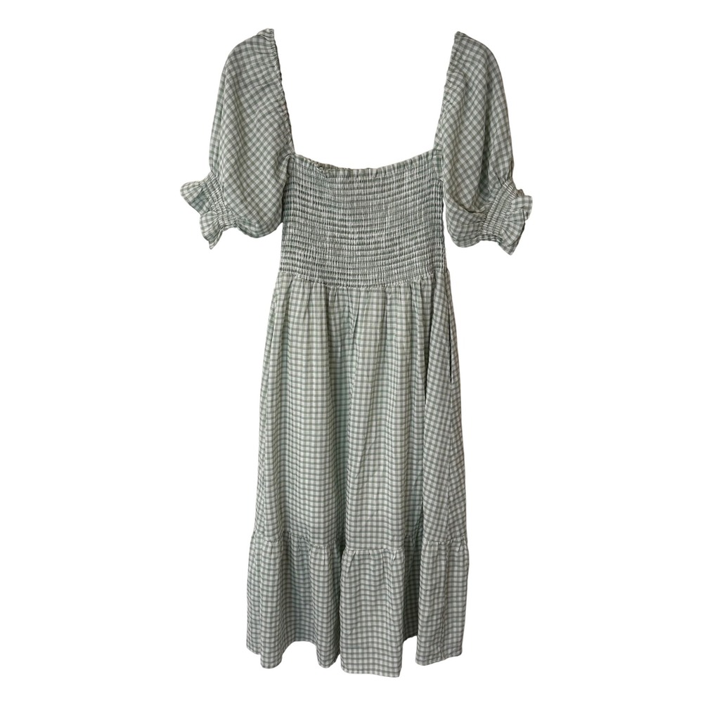 O.P.T Womens Gingham Smocked Midi Dress Medium Green Puff Sleeve Pockets